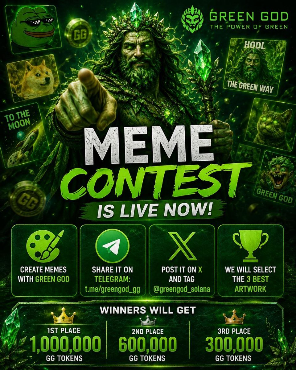 Christol4x's tweet photo. MEME CONTEST IS LIVE!

The Green God Meme Contest is officially live for 5 days.

Create your best memes/artworks featuring Green God and show us what you’ve got.

HOW TO ENTER:
• Follow @greengod_solana & @Christol4x
• Repost this post
• Tag 3 friends
• Create a meme/artwork featuring Green God
• Share it in the Telegram: https://t.co/xhnkt0ujwM
• Post it on X and tag @greengod_solana

🏆 PRIZES
🥇 1,000,000 GG
🥈 600,000 GG
🥉 300,000 GG

⏳ Contest duration: 5 days

We’ll select the 3 best artworks.

Bring your creativity. Let’s see who cooks the hardest.