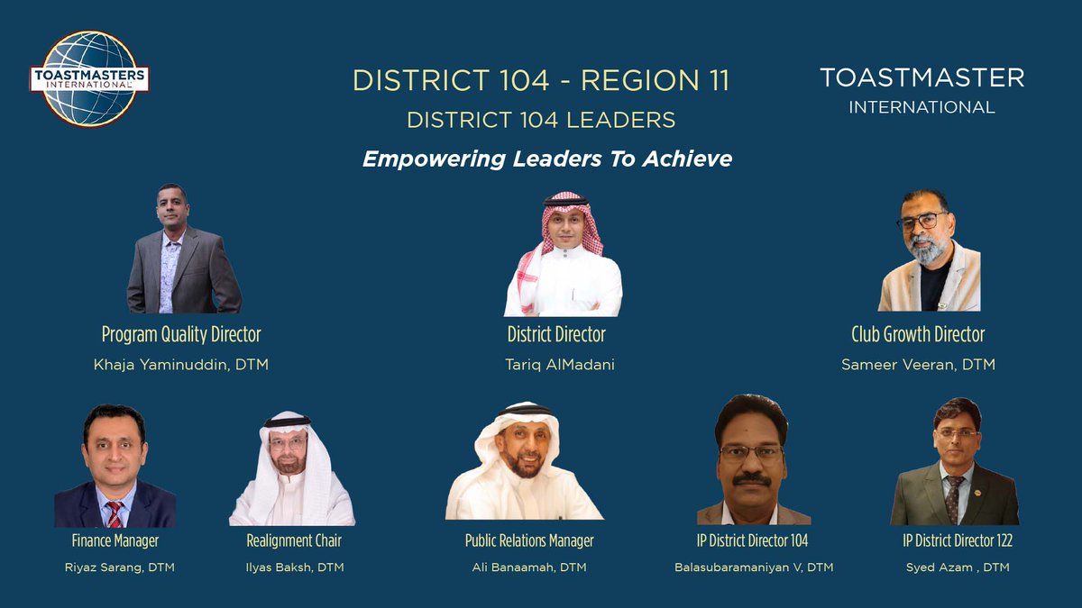District104TI's tweet photo. قادة القطاع ١٠٤ 
District 104 leaders
سنعمل معاً جاهدين لتحقيق التميز وتمكين الأعضاء من تحقيق الإنجازات
We will work together diligently to achieve excellence and empower members to achieve accomplishments.
@Toastmasters
@Banaamah
#toastmasters #Leadership https://t.co/FeBroWL59Y