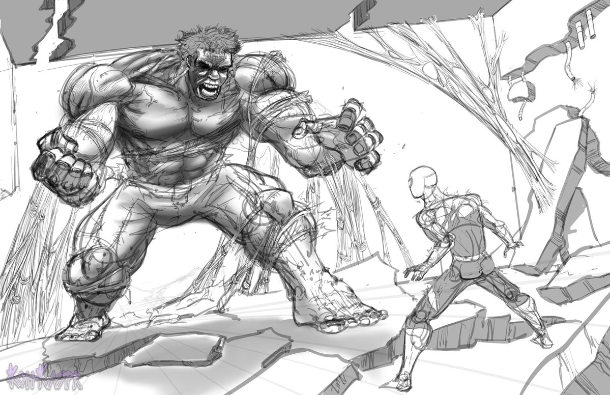 KohKaspr's tweet photo. I’m having way too much fun sketching these roughs✍🏽 I redrew hulks face a few several hundred times. I’ll post a timelapse once I’m satisfied witht the piece #WIP #hulk #spiderman https://t.co/nRdsFqXbDG
