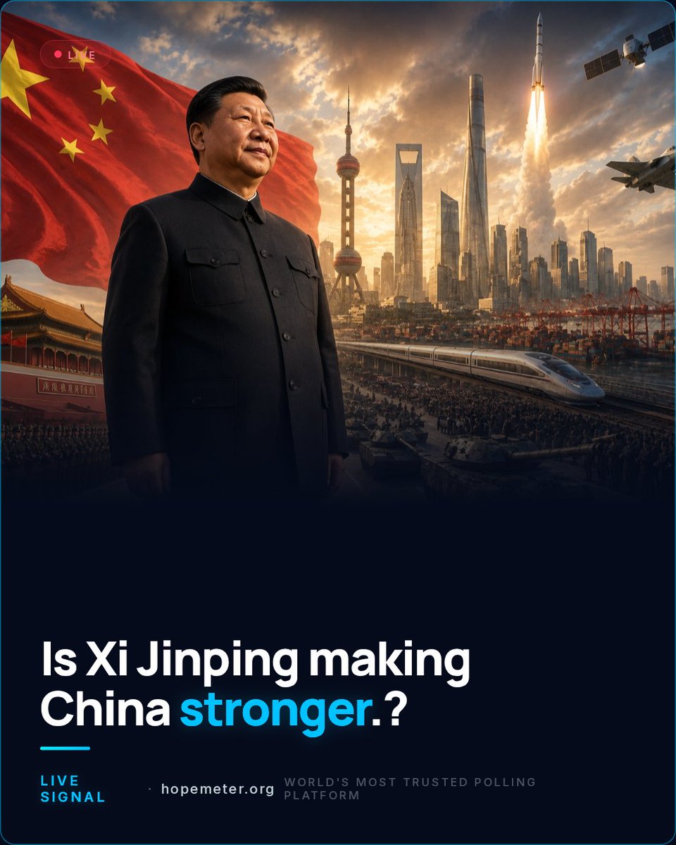 Hopemeter's tweet photo. China’s rise is no longer a prediction.
It is already reshaping trade, technology, military power, and global politics.🇨🇳

But the question is much harder:
Is Xi Jinping making China stronger?

Or is China becoming more powerful at a cost?

The live result is almost split:
50.9% YES. 49.1% NO.

One leader. One country. A world divided.
#China #XiJinping #Geopolitics