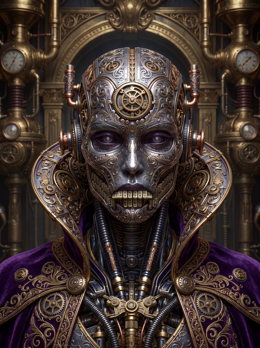 ThatsDesignArt's tweet photo. Ghost in the machine, wrapped in velvet and brass. 👑⚙️ Crafting a new timeline one gear at a time.

#SteampunkArt #FutureRetro #MechanicalBeauty #DigitalIllustration #Aesthetic #SciFi https://t.co/9eDfLpK79J