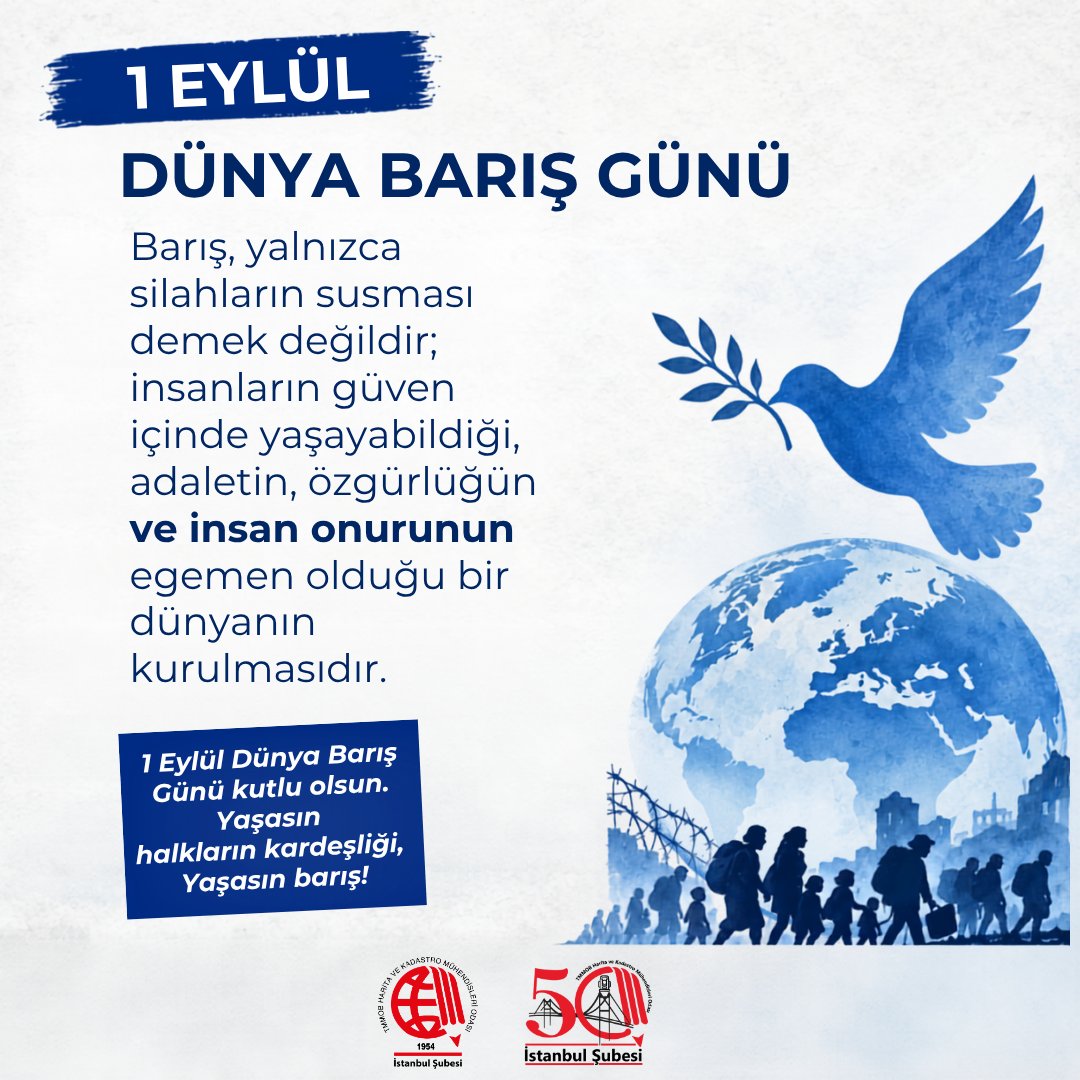 istanbulhkmo's tweet photo. 1 EYLÜL DÜNYA BARIŞ GÜNÜ KUTLU OLSUN
1 Eylül 1939’da başlayan İkinci Dünya Savaşı, insanlığa savaşın yalnızca kentleri değil; yaşamları, kültürleri ve geleceği de yok ettiğini acı biçimde göstermiştir. +++ https://t.co/H78vTltHx3