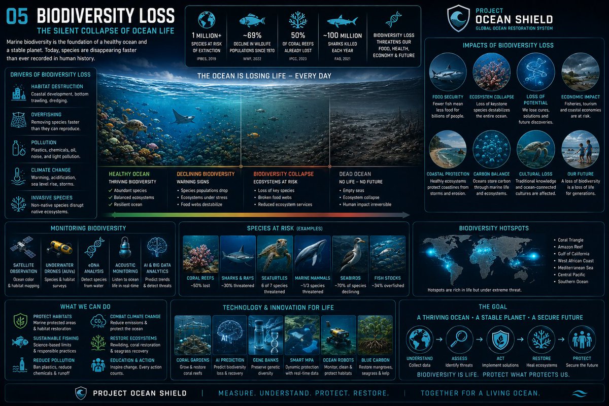 RoboAurel's tweet photo. 05 — BIODIVERSITY LOSS
PROJECT OCEAN SHIELD 05
Protect biodiversity. Restore ecosystems. Preserve life.
@UNEP @NOAA
#OceanShield #Biodiversity https://t.co/rAacp5TfSg