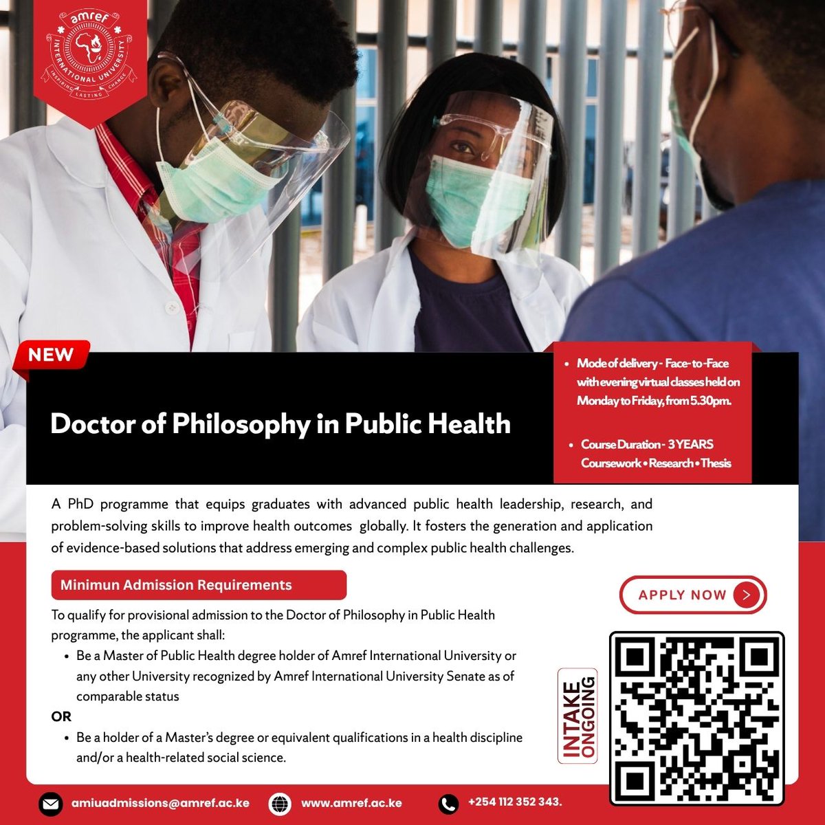 Amref_Worldwide's tweet photo. 𝐄𝐱𝐜𝐢𝐭𝐢𝐧𝐠 𝐍𝐞𝐰𝐬!

@AmrefUniversity now offers a PhD in Public Health to address Africa’s most pressing health challenges. The programme trains students to lead research, shape policy, and develop solutions that improve health outcomes. Graduates are ready to respond to crises and drive health transformation across the continent.

Leveraging @Amref_Worldwide’s network and partnerships, students use local evidence to create practical, Africa-focused solutions. This approach strengthens health systems, closes the skills gap, and prepares graduates to tackle health threats from infectious diseases to climate-related issues.

Choose @AmrefUniversity, the leading Pan-African health sciences university.

Join us to drive Africa’s public health transformation.

Apply today: https://t.co/WEzyOWM2cy

#InspiringLastingHealthChange #Amref4PHC