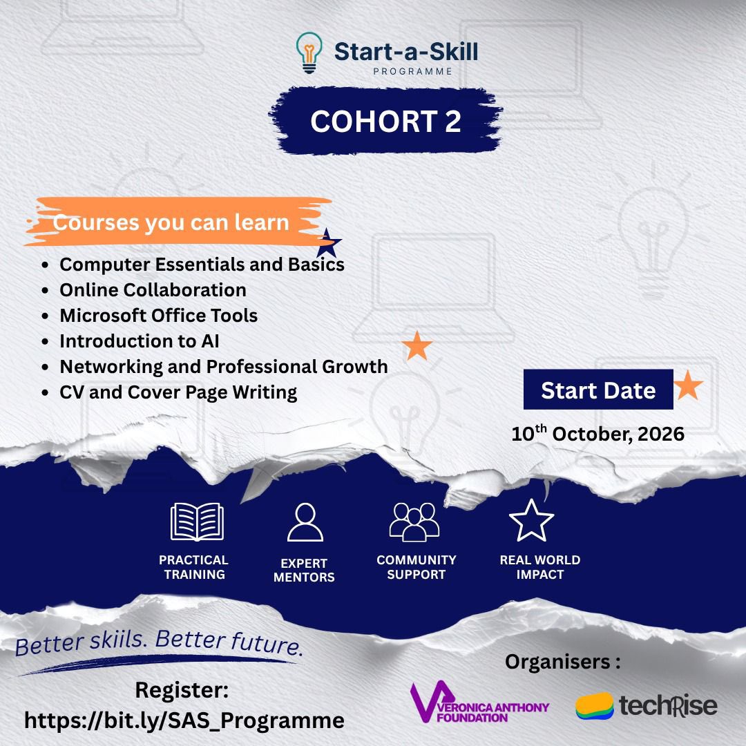 techRiseDTI's tweet photo. START-A-SKILL COHORT 2 IS OPEN!

Learn: Computer Basics, MS Office, Introduction to AI, CV Writing + more.

Start Date: 10th October, 2026
Register: https://t.co/fEe6iEMITN

Better skills. Better future. https://t.co/QG7SUVXClT