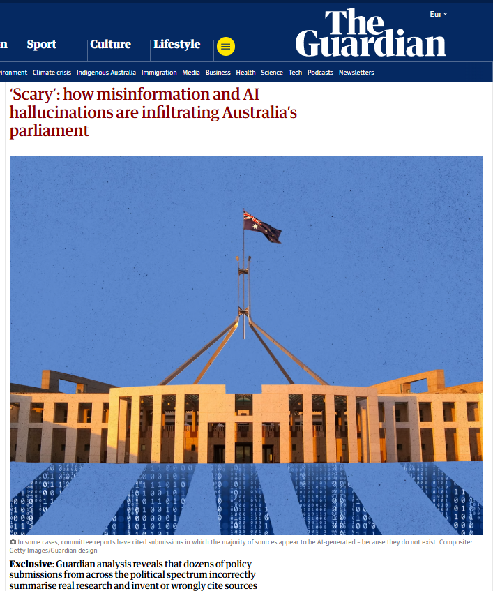 antonello's tweet photo. Esto es gravísimo, pero también diría que no inesperado, sobre como alucinaciones de LLMs se transmiten y consiguen prestigio.

Una investigación de The Guardian ha encontado 39 documentos presentados ante comisiones parlamentarias australianas con referencias inventadas o con estudios reales atribuidos incorrectamente. 

De hecho más de cien documentos contienen etiquetas de URL típicas de enlaces generados por ChatGPT (al final, lo que añaden), aunque yo no diría que eso prueba escritura con IA o datos no comprobados. 

El problema es transversal, los errores proceden de organizaciones  de distintas posiciones políticas.

Pero es que hay una segunda vuelta que agrava el asunto: algunas de esos documentos ya son indexados por Google y otros sistemas. ¿y eso que implicaciones tiene? La investigación encontró casos en los que AI Overviews o ChatGPT utilizaban páginas que contenían la referencia inventada para responder después sobre esa misma referencia. 

El círculo es "partido político presenta documento al parlamento con alucinación de la IA -> queda en la web institucional -> buscadores con IA responden con ese documento porque es de una autoridad".

https://t.co/4zCwxZXtrv

https://t.co/j0dwLPsRDh