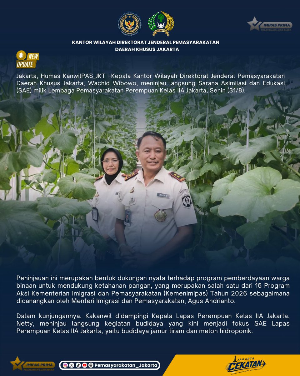 HumasPasDkJkt's tweet photo. Halo Sobat Pemasyarakatan 

Kanwil Ditjenpas DK Jakarta terus mendorong penguatan program pembinaan kemandirian melalui Sarana Asimilasi dan Edukasi (SAE) sebagai wadah produktif bagi Warga Binaan Pemasyarakatan. https://t.co/Zj9pTxpTRB