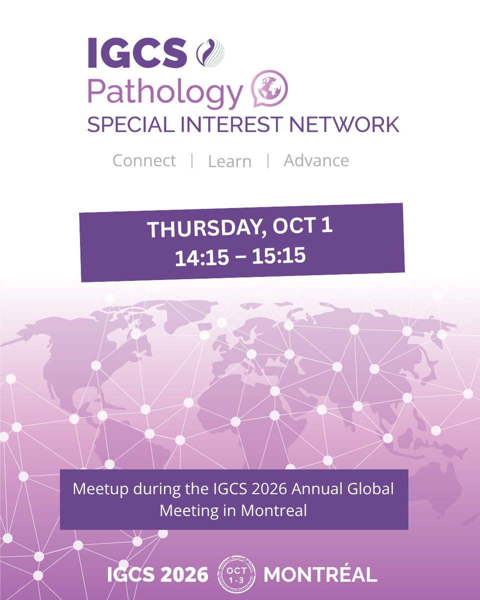 IGCSociety's tweet photo. Join the IGCS Pathology Special Interest Network Meetup during the #IGCS2026 Annual Global Meeting in Montreal for an opportunity to connect with fellow pathology professionals, exchange insights, and strengthen collaborations across the field. 💪🌎

📆October 1 @ 14:15
📍Exhibition Hall, Seating Area

Click here to learn more: https://t.co/EmNYoSUViw