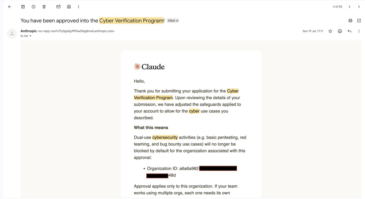 hackerrexx's tweet photo. @AnthropicAI @claudeai  @ClaudeDevs @cjav_dev
Approved into the Cyber Verification Program in July 2026. Same org ID, same use case, unchanged since.

Approval appears to have silently lapsed when my old Max plan did. No notice, no reason given.

I've since paid for Max $200 for ~2 months and can't use it for Security Research work I bought it for. Reapplied 3-4 times, each denied within seconds. No explanation. Now in a 7-day cooldown again.

I've checked both troubleshooting steps from the approval email: org ID matches exactly, and my work is squarely dual-use (coordinated-disclosure bug bounty). Filed the false-positive form more than a month ago, no response.

Is CVP approval tied to a billing cycle? If so, that's a bug worth fixing.

Can someone look at this manually? Can DM the org ID and approval reference.