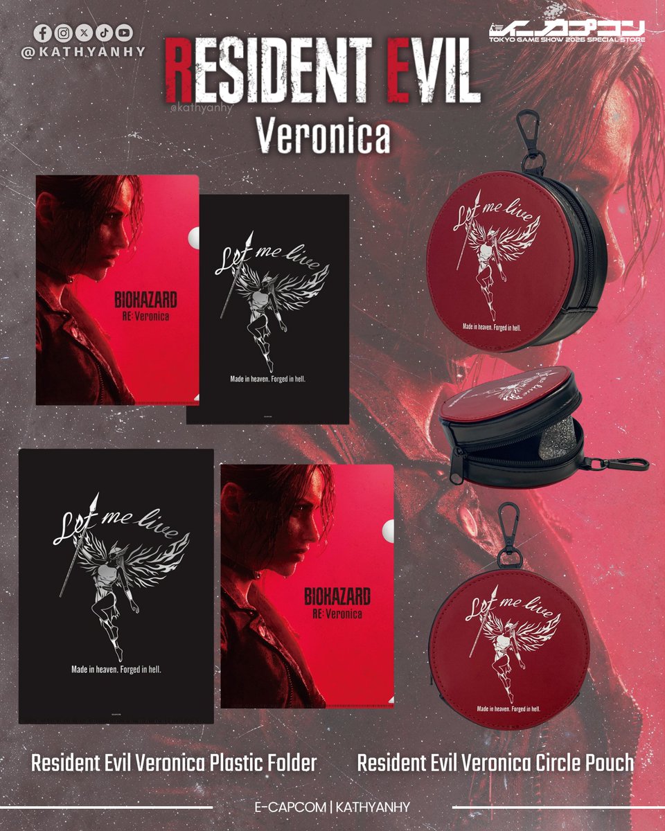 kathyanhy's tweet photo. Official Resident Evil Veronica Merchandise: Folder and Circle Pouch Now Available 🪽

Capcom has released two new products inspired by Resident Evil Veronica, the highly anticipated remake that continues to generate a lot of buzz. Both items can be pre-ordered through the official e-Capcom store and will begin shipping on October 15, 2026.

🔸 Resident Evil Veronica Plastic Folder — 700 Yen / $4.38 USD 📁

• A4 size (31 × 22 cm), made of polypropylene.
• Features the main image from the game on the front; on the back, the redesigned logo with a glossy metallic finish. Ideal for storing documents.

🔸 Resident Evil Veronica Circle Pouch — 2.640 Yen / $16.52 USD 👝

• 10 cm diameter × 4 cm deep, made of polyurethane, polyester, and metal parts.
• Designed with Claire Redfield's likeness and the new game logo. Compact and practical for carrying small items.

#REVeronica #ResidentEvilVeronica #REBHFun #ResidentEvil