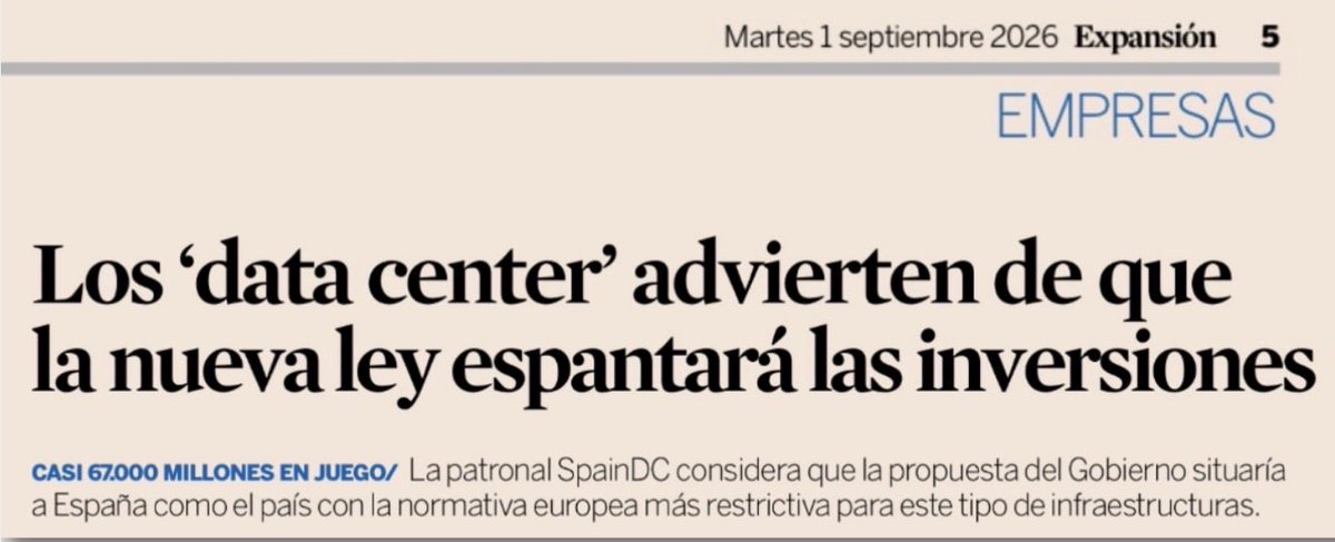 davmiranda's tweet photo. España y Europa han perdido la carrera de la IA. No hay una sola empresa europea de IA que sea relevante a nivel mundial.

La esperanza estaba en el negocio de la infraestructura (data centers), que es la gasolina que impulsa la IA. 

El problema es que es un negocio muy intensivo en consumo energético.

EEUU rápidamente apostó por los mini-reactores nucleares, impensables por unos lares en los que el socialismo sigue anclado en el mismo rechazo (infantil y suicida) a la energía nuclear que hace 50 años.

Pensad que hemos tenido que tener un “cero energético” para que el Gobierno tenga que abandonar sus delirios de grandeza y se dé cuenta de que la red eléctrica española no está preparada para depender de forma cuasi-exclusiva de la energía solar y eólica (asincrónica, dependiente de la climatología y con el problema endémico de su almacenamiento). 

Ello (y sólo ello) ha llevado al Gobierno a tener que tirar de gas, más caro y muy contaminante en CO2 (cerrando incluso nuevos acuerdos con Argelia recientemente), y a prorrogar (a regañadientes) la vida útil de Almaraz.

Porque, pese a que sufrimos el Gobierno más aficionado a las consignas (vacías) de toda la UE, la realidad pone en su sitio hasta al gobernante más zopenco. 

Pues bien, a España y Europa les quedaba la esperanza de posicionarse en el negocio de los centros de datos.

De hecho, muchos inversores han hecho (o planean/planeaban hacer) inversiones milmillonarias para convertir España en un referente del sector y crear miles de puestos de trabajo.

Pero un Gobierno como el que tenemos, que vive de las consignas baratas y populistas, está decidido a poner en riesgo todos estos proyectos tecnológicos.

La intención es aprobar la normativa más restrictiva de Europa en materia de centros de datos, exigiendo requisitos inviables, como que el 80% de la energía que consuman ¡¡durante cada hora del día!! proceda de fuentes renovables.

Cualquier persona con un mínimo sentido de la realidad se daría cuenta de que hablamos de energías como la eólica y la solar que ni están disponibles todo el día, ni tienen solucionado el problema de su almacenamiento.

De ahí que la patronal española de data centers esté emitiendo la señal de alarma: España se puede quedar (también) rezagada en la carrera por la capacidad de computación.

Ellos nos llevaría a depender de EEUU o China ya no sólo en los modelos de IA, sino también su infraestructura. 

La IA no parece ser un asunto de seguridad nacional para que este Gobierno sustituya sus eslóganes una regulación que se ajuste a la realidad.