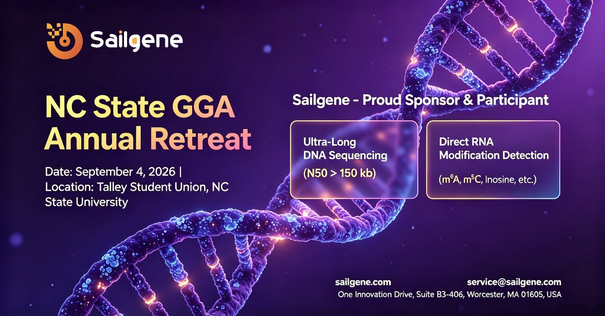 sailgene's tweet photo. Proud to sponsor the @NCState Genetics &amp; Genomics Academy Retreat on Sept 4! Stop by to explore Sailgene’s Ultra-Long DNA (N50>150kb) &amp; Direct RNA sequencing. 🧬 #Genomics https://t.co/hkG0ZImoTR