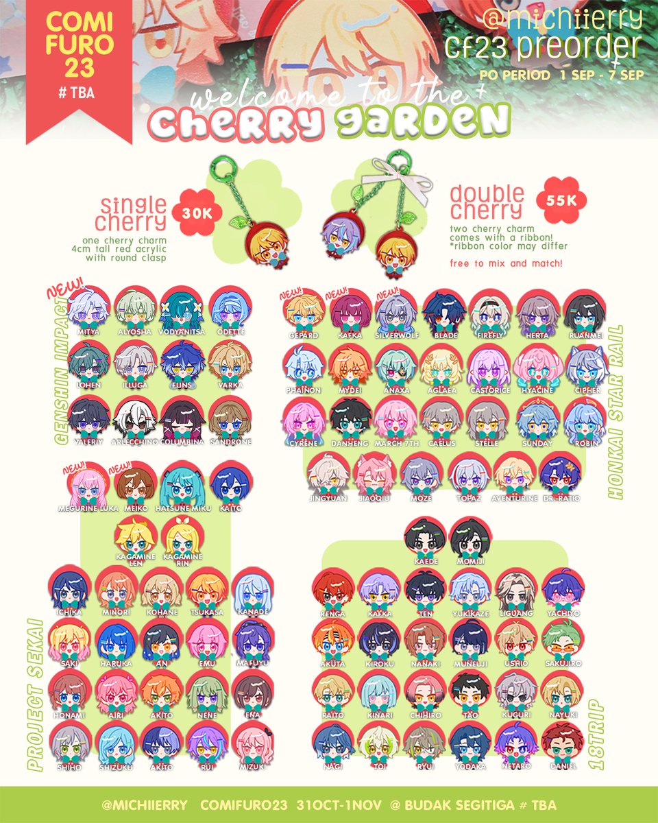 michiierry's tweet photo. [🔄&amp;💚 appreciated!]
─ my #comifuro23 #cf23 preorder is open ! ─

🪴pick up both days &amp; mail order (table # TBA)
🗓️ 1-7 september
🌱 min order 30k

🧺 hsr; genshin; 18trip; strange eden; project sekai

form link &amp; more in thread⤵️
#cf23catalogue https://t.co/tqxrFux4JV