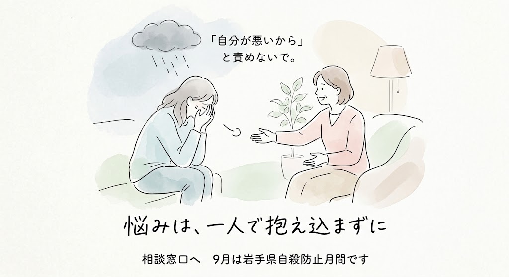 cfc_ss_'s tweet photo. 生活苦やお金の悩みに直面した時、「自分が悪いから」と自分自身を責めていませんか？

それは心が限界を迎えているサインかもしれません。

9月は岩手県の自殺防止月間です。
悩みは一人で抱え込まず、まずは信用生協や相談窓口にご連絡ください。

あなたの悩みに寄り添います。
https://t.co/4vzoVgVQvp

#こころに寄り添いいのちを守るいわて #岩手県 #信用生協