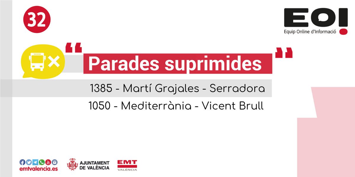 emtvalencia's tweet photo. 📢Modificació de recorregut de la línia 32 per obres en el carrer Martí Grajales.

🚍Direcció Passeig Marítim.

↪️Circula pels carrers Serradora, Blas de Lezo, Antoni Joan, Pintor Ferrandis, Reina i Mediterrània.

🖇️+info: https://t.co/AjB7WIZ0kQ

👩🏽‍💻Bon dia! #InfoEMT ^EOℹ️ https://t.co/w5juBnbYdq