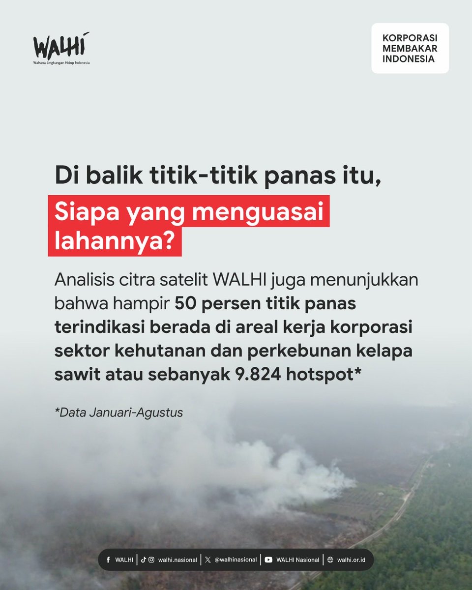 walhinasional's tweet photo. Sepanjang Januari–Agustus 2026, WALHI menemukan 23.307 hotspot high confidence. 

Hampir 50% atau sebanyak 9.824 hotspot  berada di area HGU sawit dan konsesi PBPH. https://t.co/d0WmBmuN9P