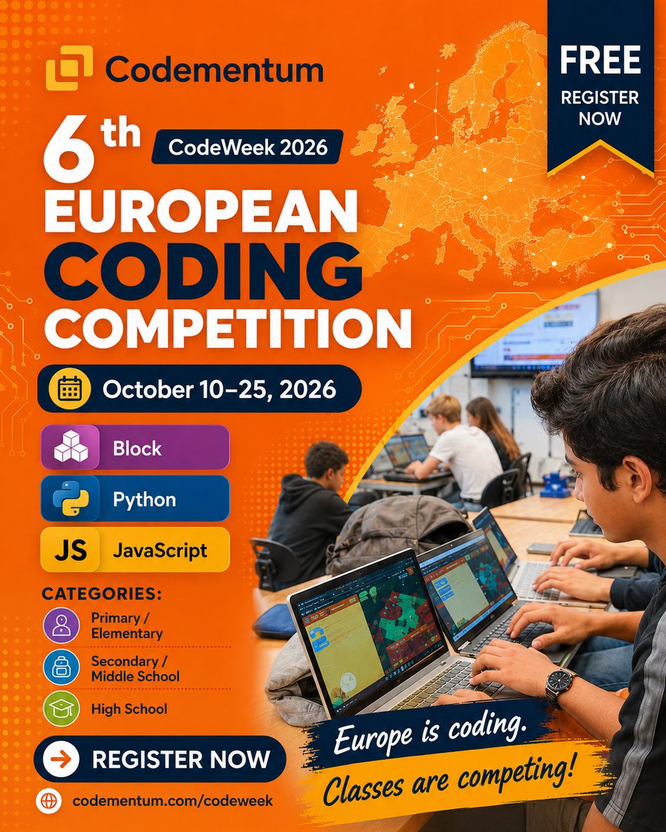 Codementum1's tweet photo. Code. Compete. Create. 🚀

Join the 6th European Coding Competition this #CodeWeek 💻🏆

Students across #Europe can test their coding skills, have fun &amp; represent their schools!

📅 Oct 10–25
👉 https://t.co/9dQGHrPIhL

#Coding #CodeWeek2026 #CodingCompetition #Python #Block #JS https://t.co/jWylowNDlW