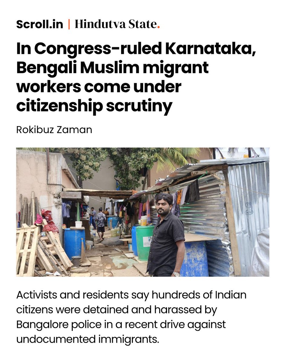 scroll_in's tweet photo. In 2025, Rafikul Biswas was picked up from his home in Bengaluru and accused of being Bangladeshi. 

After a year, he was detained again. This time, even after the Karnataka HC declared him an Indian. https://t.co/D1cahxDFUm

@ZamanRokibuz_ reports how, even in a non-BJP state, migrant Bengali Muslims workers are harassed.