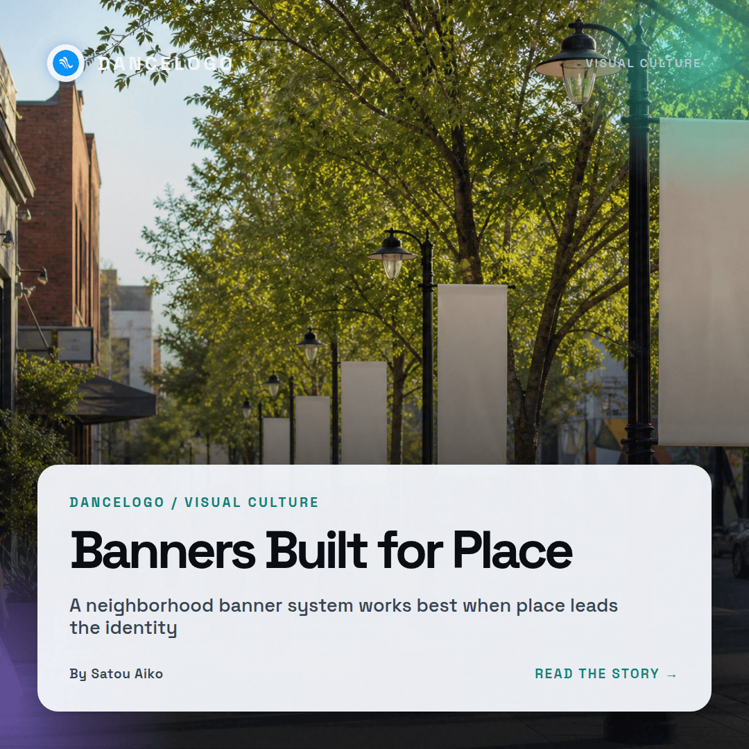 DanceLogoEditor's tweet photo. A run of 18–20 light-pole banners teaches a district where it is — repetition, legibility, and fit beat a single flashy piece.
#DanceLogo #PublicDesign

https://t.co/73qQ4qaN5C https://t.co/mn1oXnUgAG