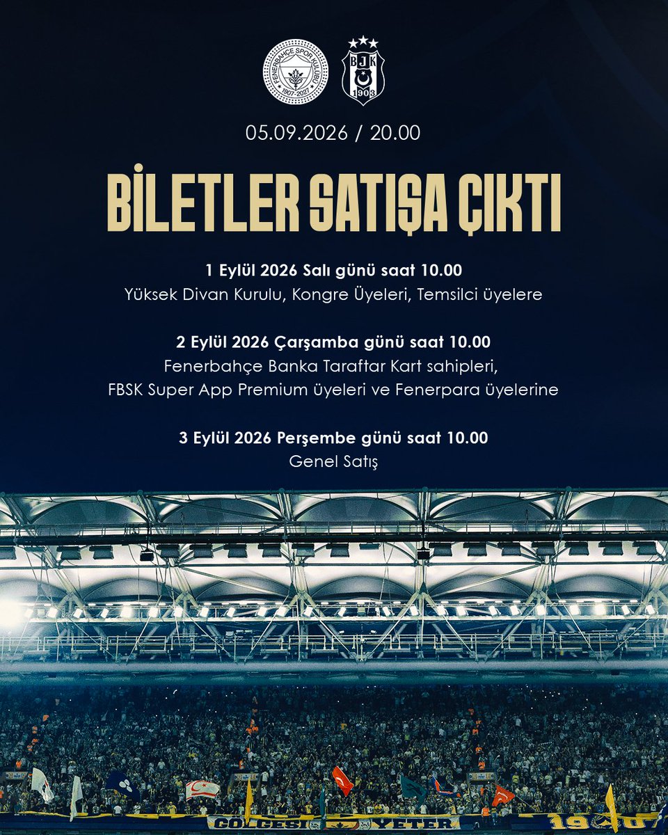 Fenerbahce's tweet photo. Trendyol Süper Lig’in 4. haftasında, 5 Eylül Cumartesi günü saat 20.00’de @chobanistadyum’unda Beşiktaş ile oynayacağımız maçın biletleri satışa çıktı. 

🔗 https://t.co/bokgRD0mYm https://t.co/hyDTwrUj5p