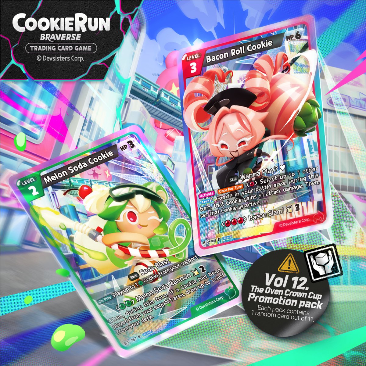 CRBraverseEN's tweet photo. Friends from Platter City have come to play!🍹

It’s September, but is it seriously still THIS hot?!🥵
Beat the heat and SMASH your way through #CookieRunTCG with the coolest Cookies from Platter City! 🔥 💥

🎁 CookieRun: Braverse TCG Vol. 12 Oven Crown Cup Promo Pack!
📅 Launching October 12, 2026!

#CookieRun #CookieRunBraverseTCG