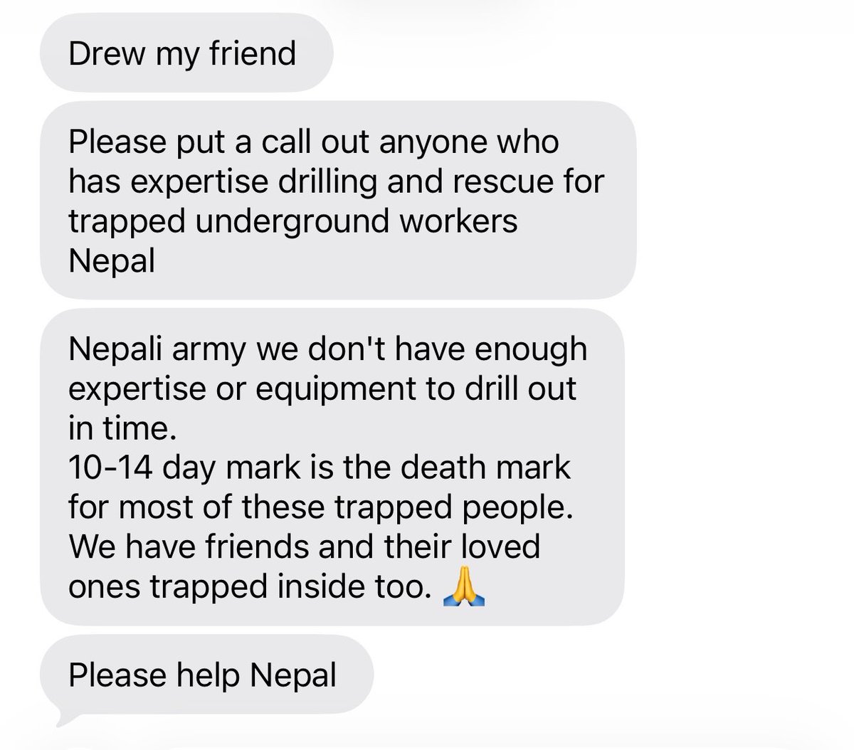 DrewPavlou's tweet photo. Nepal needs drilling expertise to rescue trapped underground workers @elonmusk https://t.co/NHTHSgmRdn