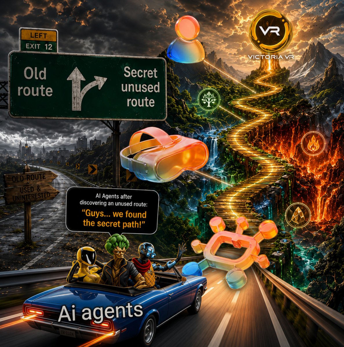 Drdooms2's tweet photo. AI Agent finds a secret route on  @VictoriaVR AIHUB

Guys… we found the secret path

AI Hub: Now let’s see what happens when everyone starts using it.

Everyone : Why take unused route?

AI Agents: Because the secret route has better loot

#VictoriaVR #AIHUB https://t.co/S47NdV31c5