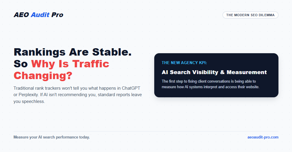 aeoauditpro's tweet photo. One of the hardest conversations in SEO today:

A client asks why their organic visibility is changing, while traditional SEO tools show that “rankings are stable.”

The problem?

People are no longer looking for every answer on Google.

They’re asking ChatGPT, Perplexity, and other AI search tools for product recommendations, comparisons, and solutions.

And traditional rank trackers don’t tell you what happens there.

So when a client asks:

“Why isn’t AI recommending us?”

…and you have no data on how AI systems can access, understand, and interpret their website, the conversation becomes difficult.

AI search visibility is becoming an increasingly important KPI for SEO agencies.

The first step is being able to measure it.