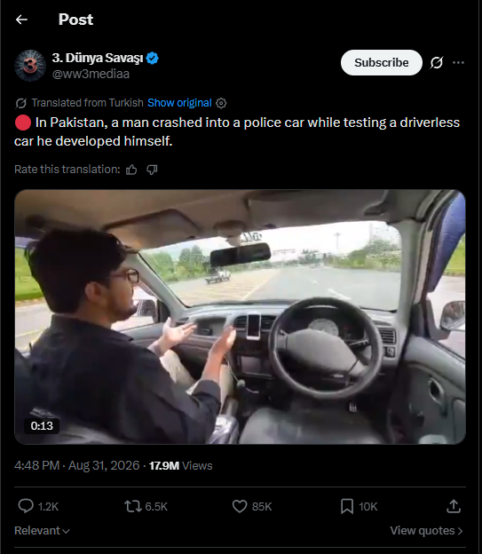 vegadevv's tweet photo. 30M TOTAL VIEWS IN 12 HOURS

This journalist in pakistan named Muhammad crashed this self driving car into a police van where in the proccess he gave us a generational meme

Name proof: https://t.co/t0dcxyhi7z

18.3M Views IN 16H https://t.co/CyfcfXmwiB

4.6M https://t.co/uY1yuMLg7f

ORIGINAL FACEBOOK 3.8M https://t.co/60L47NSU9x

Reddit
https://t.co/tac2EdJifB

This video is genuinally so fucking viral and funny lmao legit such a genny meme

NEVER DONE BEFORE