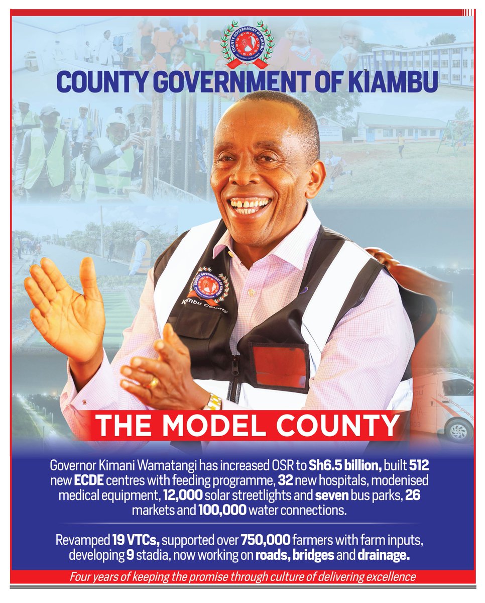 ntvkenya's tweet photo. SP: Governor Kimani Wamatangi has in just four years increased OSR to Sh6.5 billion, built 512 new ECDE centres with feeding programme, 32 new hospitals, modernised medical equipment, 12,000 solar streetlights and seven bus parks, 26 markets and 100,000 water connections.

Upgraded 19 VTCs, supported over 750,000 farmers with farm inputs, developing 9 stadia, now working on roads, bridges and drainage.#KIAMBUTHEMODELCOUNTY

Read More: https://t.co/6vzVUv8gEq