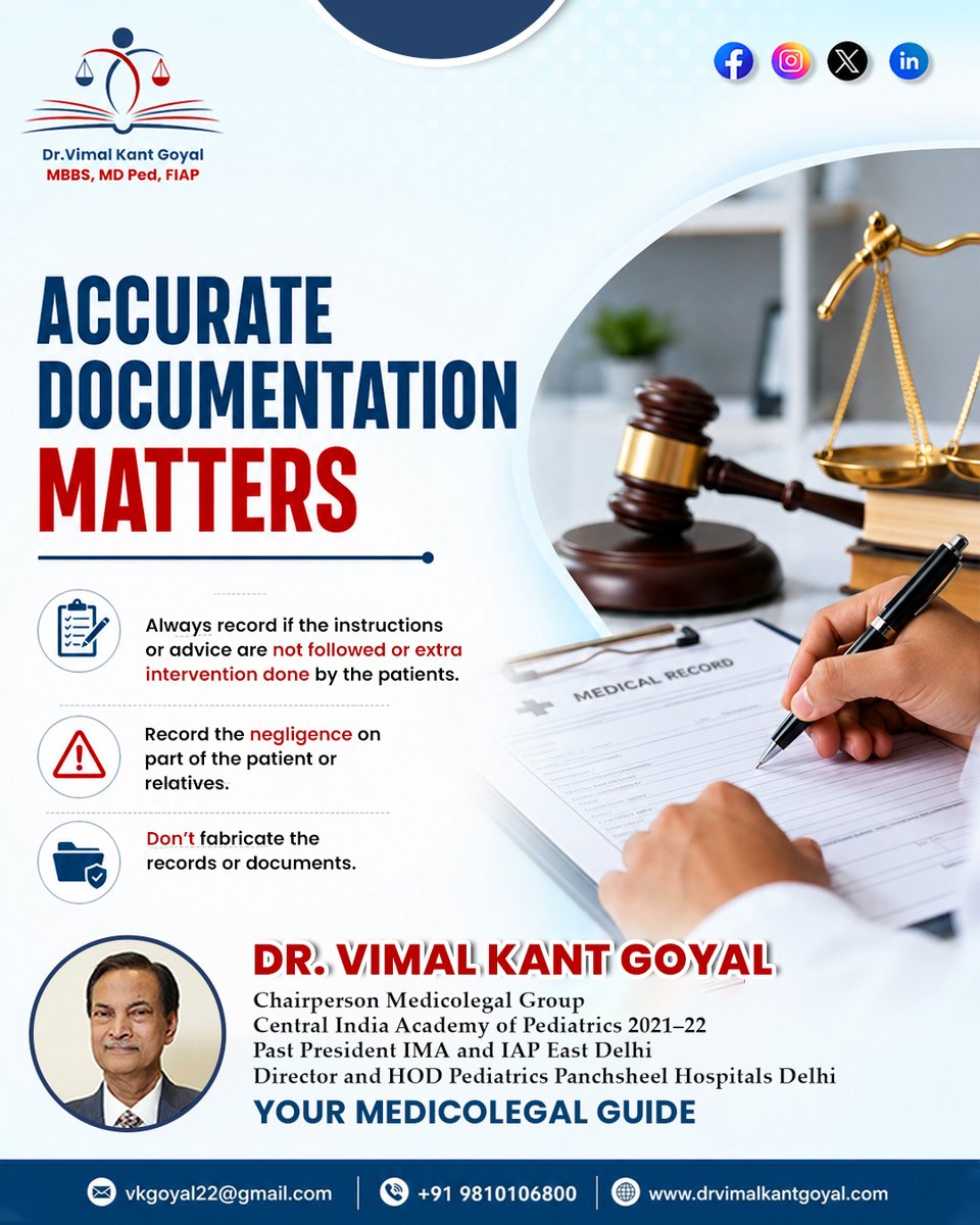 drvimalgoyal's tweet photo. Accurate Documentation Matters. 📝⚖️

Clear, factual, and timely documentation protects both patients and healthcare professionals.

Document facts. Protect care. Maintain trust.

#MedicalDocumentation #MedicoLegal #PatientSafety #HealthcareProfessionals #DrVimalKantGoyal https://t.co/QQCRHlwcsf