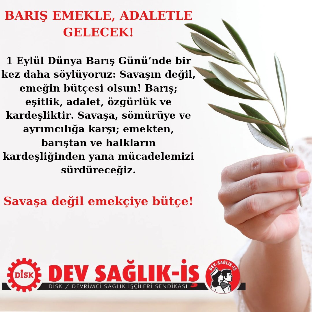 istanbulsube's tweet photo. 🕊1 Eylül Dünya Barış Günü🕊

Savaşın, yoksulluğun ve sömürünün değil; emeğin, adaletin ve kardeşliğin egemen olduğu bir dünya için mücadele ediyoruz.

Barış; eşitliktir, adalettir, özgürlüktür.
Savaşa değil emekçiye bütçe!

Yaşasın barış, yaşasın halkların kardeşliği! ✊ https://t.co/6Q3slM7b6T