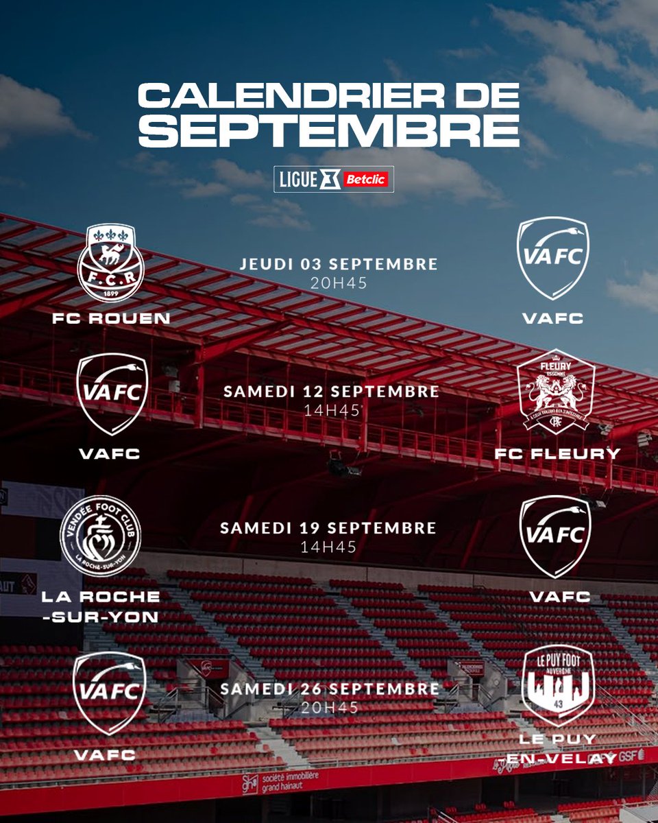 VAFC's tweet photo. Quatre rendez-vous attendent nos Rouge & Blanc en 𝐬𝐞𝐩𝐭𝐞𝐦𝐛𝐫𝐞, dont deux à domicile 👊
Découvrez le calendrier du mois ⤵️
#TeamVAFC #AllezVA 🦢 https://t.co/anAq5449yc