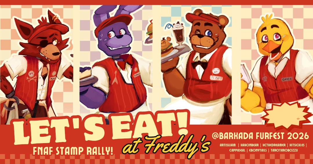 ArtissiJam's tweet photo. LETS EAT!!! 🍽🍔

⭐️Join us a bite at Freddy Fazbear's DINER this SEPTEMBER 05-06 @ BARKADA FURFEST 2026⭐️

1. Pick up a stamp card from any participating artist.
2. Spend a minimum of 100php each artist.
3. Collect vour prizes at Table B2 

LIMITED PRIZES ONLY! (1/2) https://t.co/SGM4xJo5R5