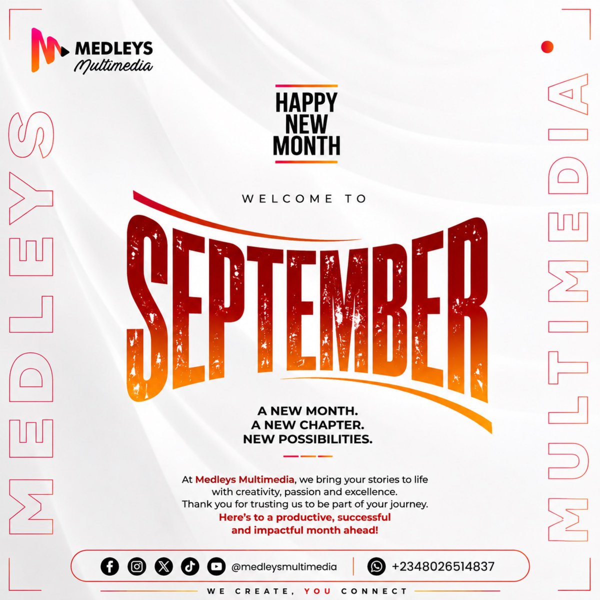 medleysmedia's tweet photo. A new month. A new chapter. New possibilities.

This September brings fresh ideas, greater opportunities, successful projects, and beautiful reasons to celebrate.

From all of us at Medleys Multimedia, here’s to a month of creativity, growth and impact!
WE CREATE, YOU CONNECT. https://t.co/hS4ocmytnd