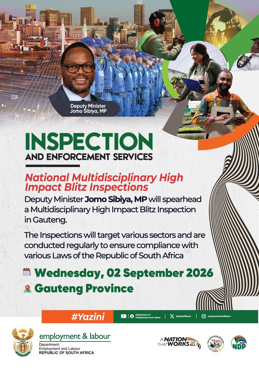 DmJomo's tweet photo. [Happening Tomorrow] We will lead Multidisciplinary High Impact Blitz Inspections in Gauteng. 

@GovernmentZA
#Yazini #GovtUpdateZA #ServiceDelivery https://t.co/dQaCe2O5xQ