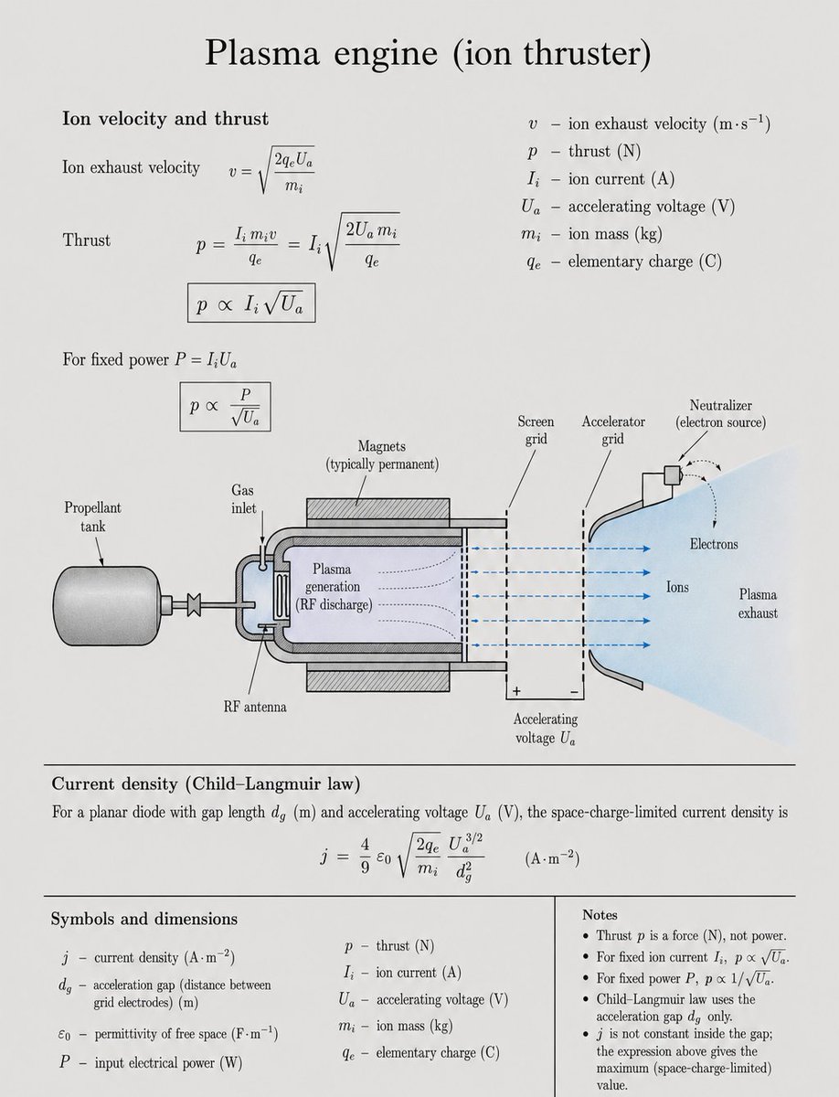 mathemetica's tweet photo. How can a force weaker than a falling leaf still change a spacecraft’s orbit around the Sun?

Ionize a trickle of xenon, apply voltage \(U_a\), and energy conservation fixes the exhaust speed:

v = √(2qₑUₐ / mᵢ)

because ½ mᵢv² = qₑUₐ.

Thrust is mass-flow times that speed. With ṁᵢ = Iᵢ mᵢ / qₑ you get

p = Iᵢ √(2Uₐ mᵢ / qₑ)  so  p ∝ Iᵢ √Uₐ.

Hold beam power fixed, P = IᵢUₐ, and the same relation flips:

p ∝ P / √Uₐ.

Higher voltage buys specific impulse I_sp = v / g₀ at the cost of raw force.

The current density you can actually pull is space-charge limited (Child–Langmuir):

j = (4/9) ε₀ √(2qₑ / mᵢ) · Uₐ³⁄² / d_g²

Those four relations flew Dawn to Vesta and Ceres, hold geostationary satellites on station, and will send probes farther on kilograms of xenon than chemical rockets can on tons.

A force too small to feel, integrated for years, rearranges the Solar System.

Which mission first made you trust specific impulse more than peak thrust?