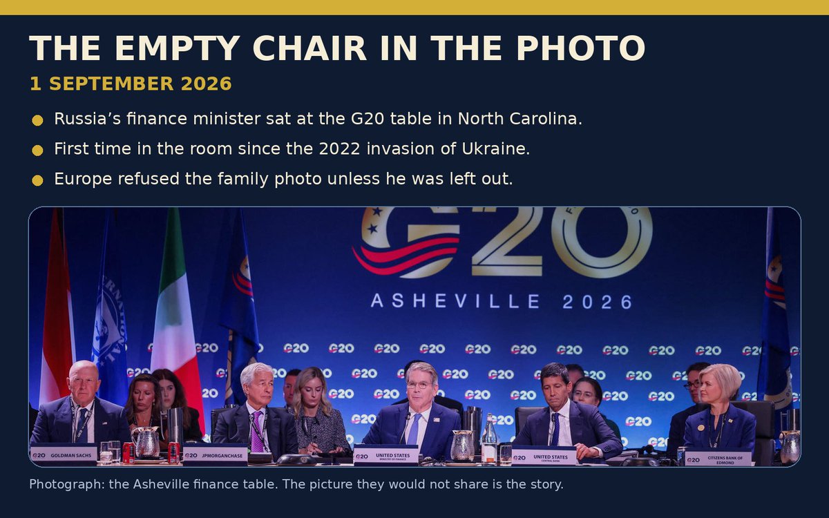 beer_heidrun's tweet photo. The empty chair is the whole meeting.

Russia’s finance minister sat at the G20 table in Asheville, North Carolina — first time in the room since the 2022 invasion of Ukraine.

Europe refused the family photograph unless he was left out. The picture was taken without him.

Germany’s finance minister, Lars Klingbeil, said: “You cannot simply return to normality.”