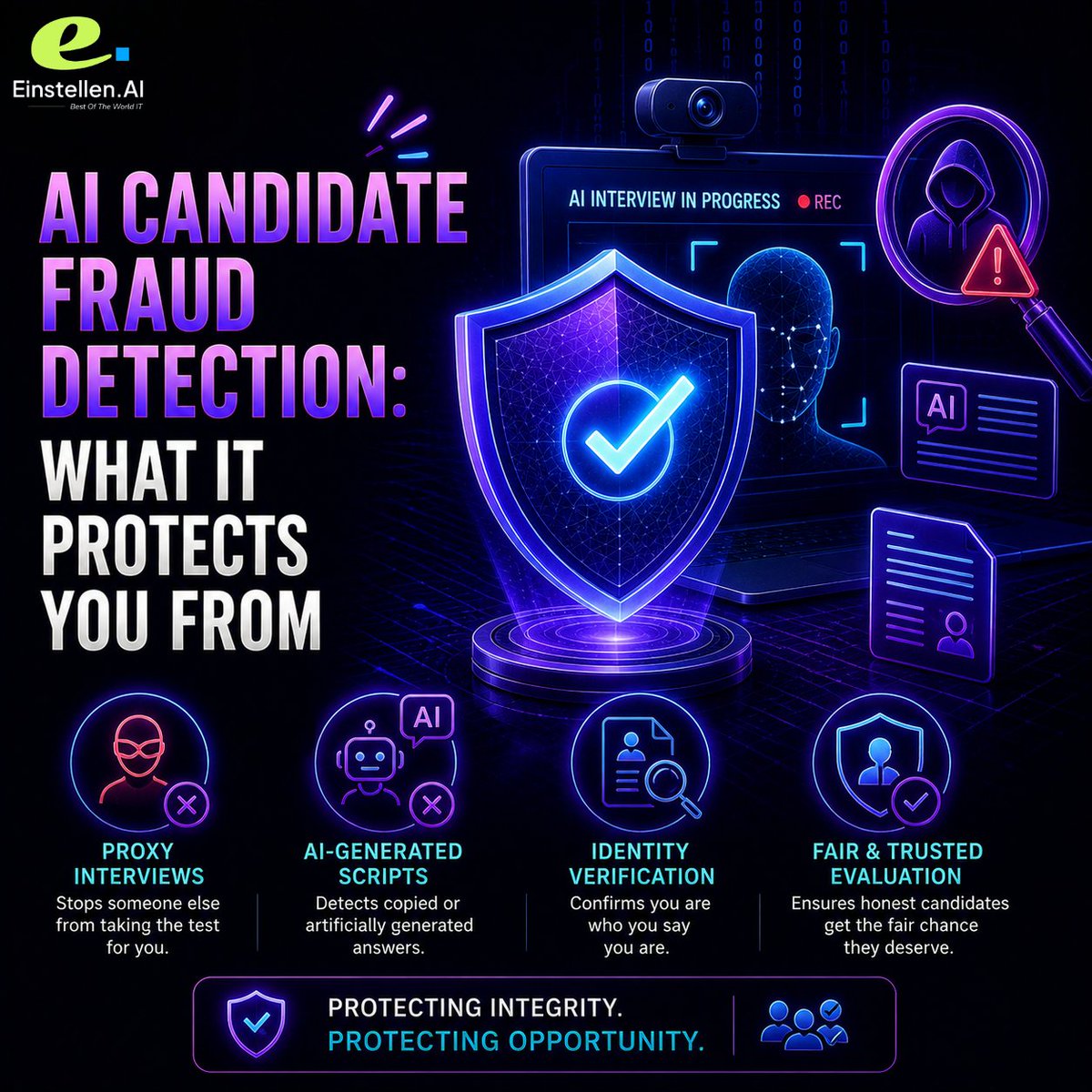 EinstellenAI's tweet photo. What if the candidate answering… isn’t actually the candidate?
AI fraud detection helps protect hiring teams, and gives genuine candidates a fair shot.
👉 Read the blog: https://t.co/H9eanWp2Ik
#EinstellenAI #CandidateFraud #TalentAcquisition #HRTech #RecruitmentAI https://t.co/Bj37BdPNkT