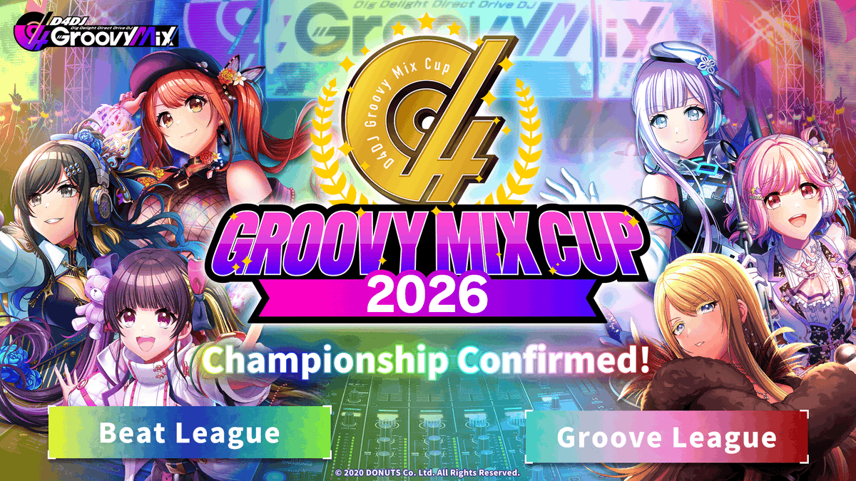 D4DJ_game_EN's tweet photo. Breaking News 📢
🏆The "Groovy Mix Cup 2026" will be held in the global version of Groovy Mix this September!

Players will compete with Technical Score, a system that only measures accuracy of rhythm gameplay!

📆Competition Period
Coming in September 2026!

Further details will be released in the coming days, so please look forward to it!