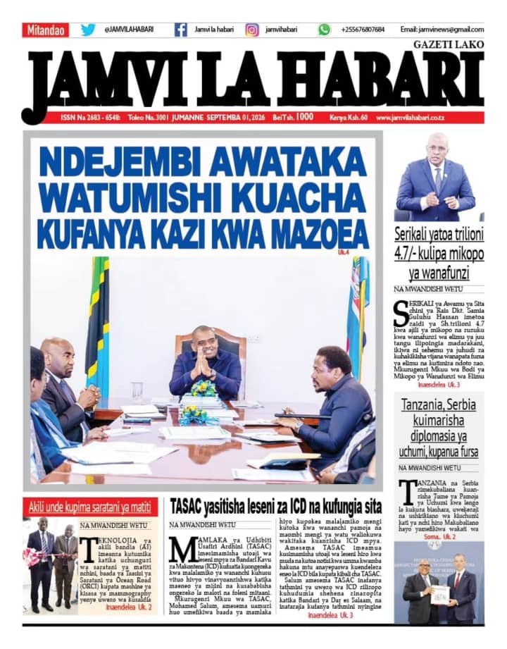 chikumaneno52's tweet photo. Gazeti la Jamvi la Habari leo.

NDEJEMBI AWATAKA WATUMISHI KUACHA KUFANYA KAZI KWA MAZOEA.
 https://t.co/kA4lbaicyQ https://t.co/7fpTC0d62e