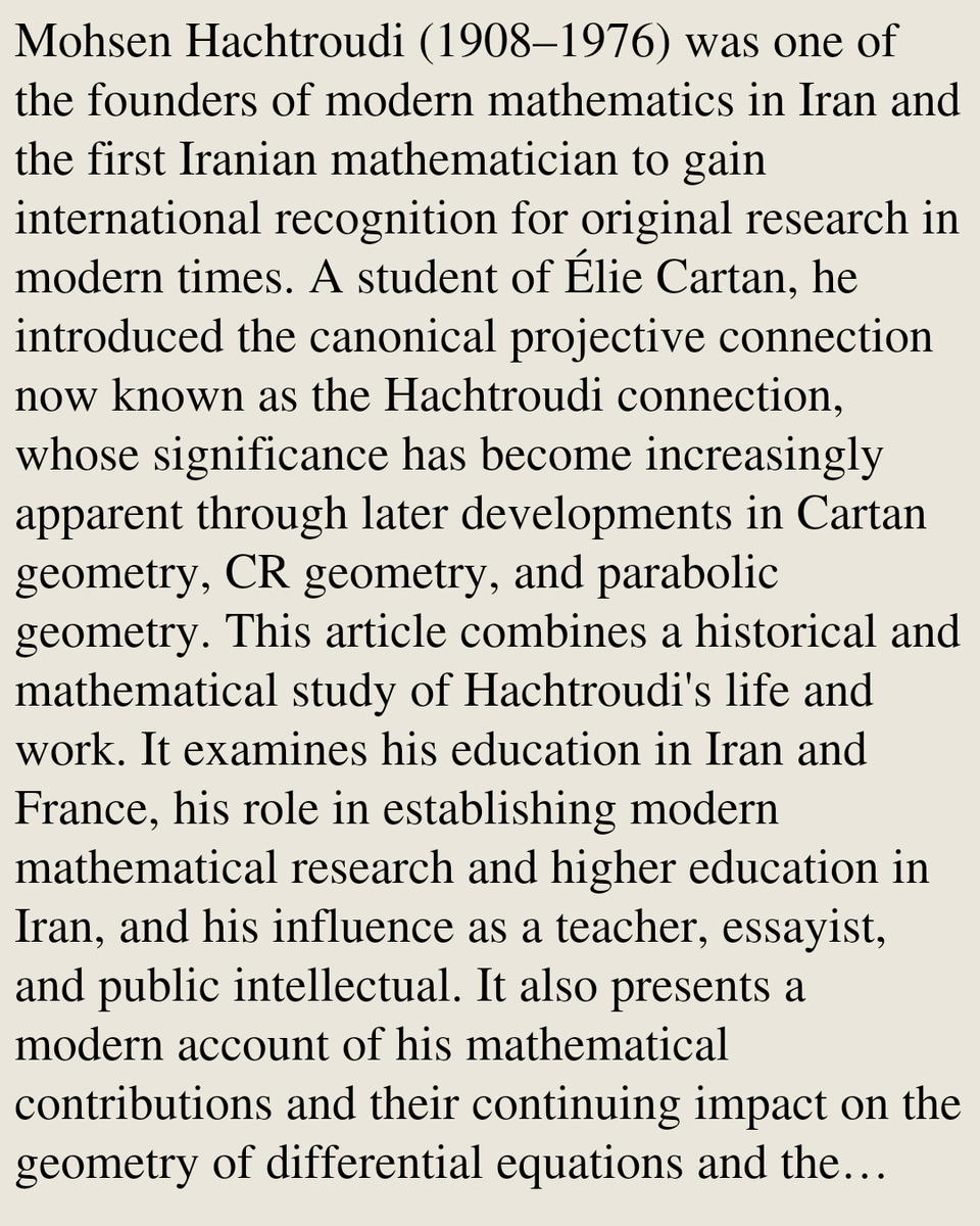 HistoryOverview's tweet photo. Mohsen Hachtroudi and the Geometry of Differential Equations

Masoud Khalkhali
https://t.co/aEefco4KWh [𝚖𝚊𝚝𝚑.𝙷𝙾] https://t.co/X8mNGtAu0S