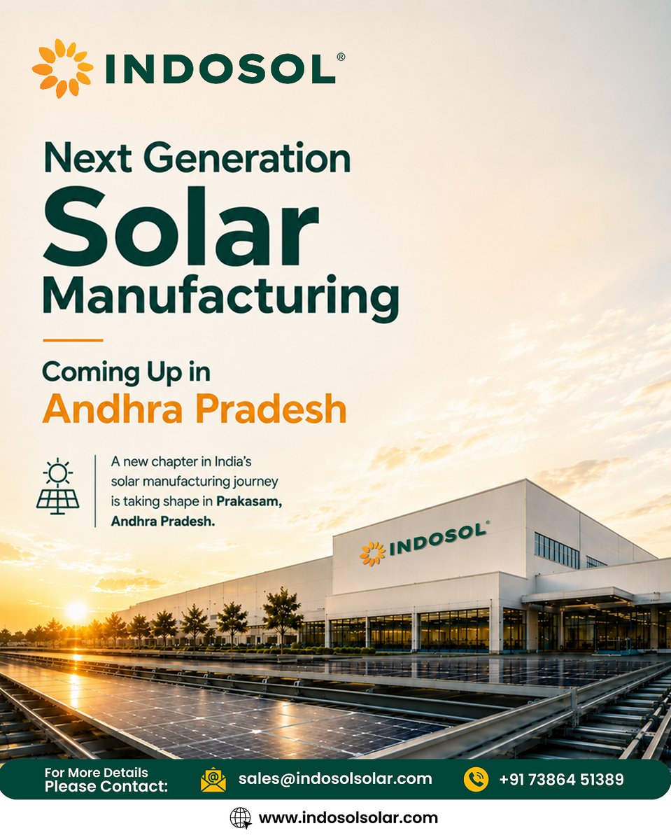 indosolsolar's tweet photo. Next Generation Solar Manufacturing Coming Up in Andhra Pradesh
A new chapter in India’s solar manufacturing journey is taking shape in Prakasam, Andhra Pradesh.
#IndosolSolar #SolarEnergy #SolarManufacturing #AndhraPradesh #Prakasam #RenewableEnergy #CleanEnergy #MakeInIndia https://t.co/InPrRkXUuG