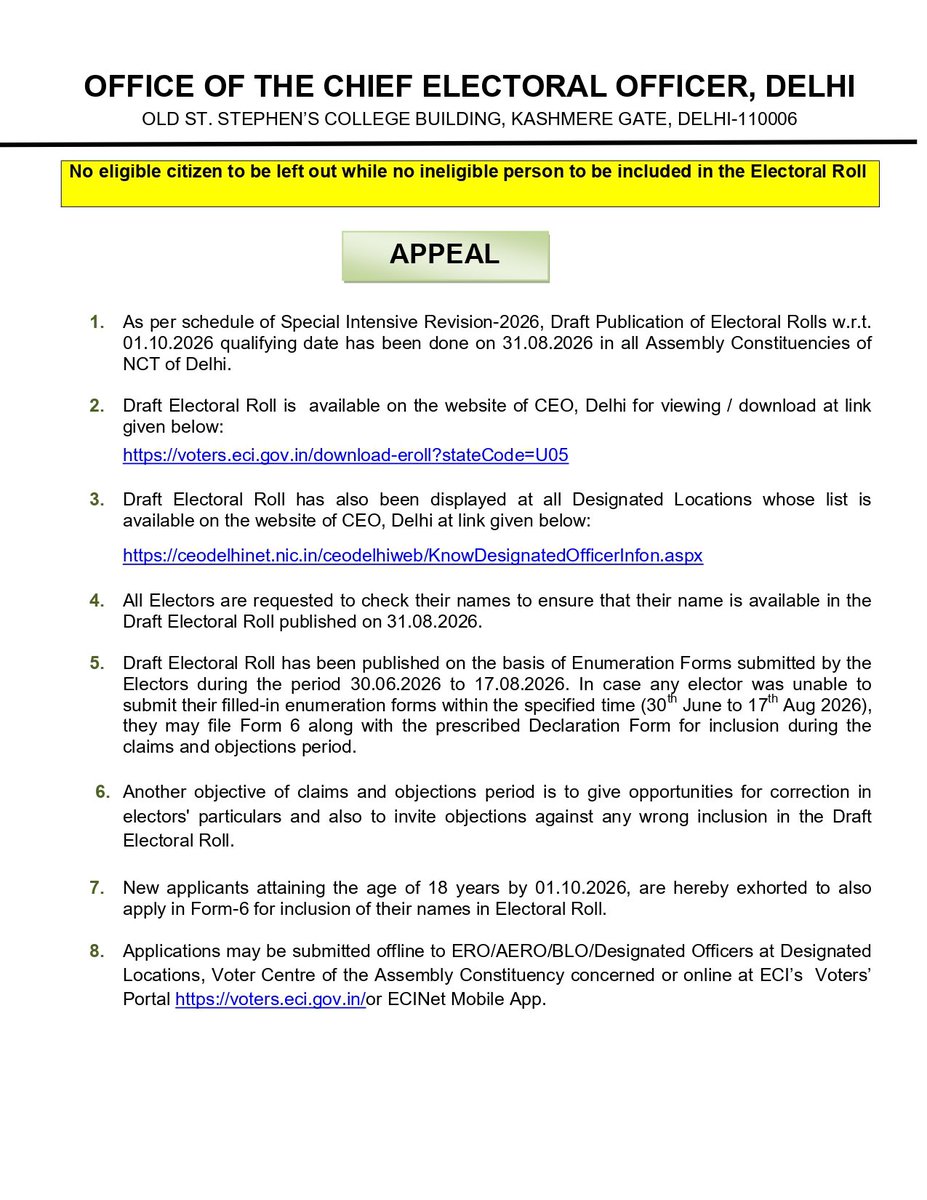 CeodelhiOffice's tweet photo. Appeal from CEO, Delhi for people to check their names in draft electoral roll and to file claims and objections on the draft electoral roll.
#electoral #roll 
#draftroll 
@ECISVEEP https://t.co/XLUoVKtf0v