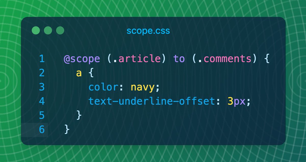 ipwanciu's tweet photo. CSS just made BEM optional. 🤟

`@\scope` is Baseline, newly available since March 2026.

Before this, keeping component styles from leaking meant long selectors, extra classes, or CSS-in-JS. 👎

Now you can lock styles to a subtree⤵️ https://t.co/zKMzPetj7H