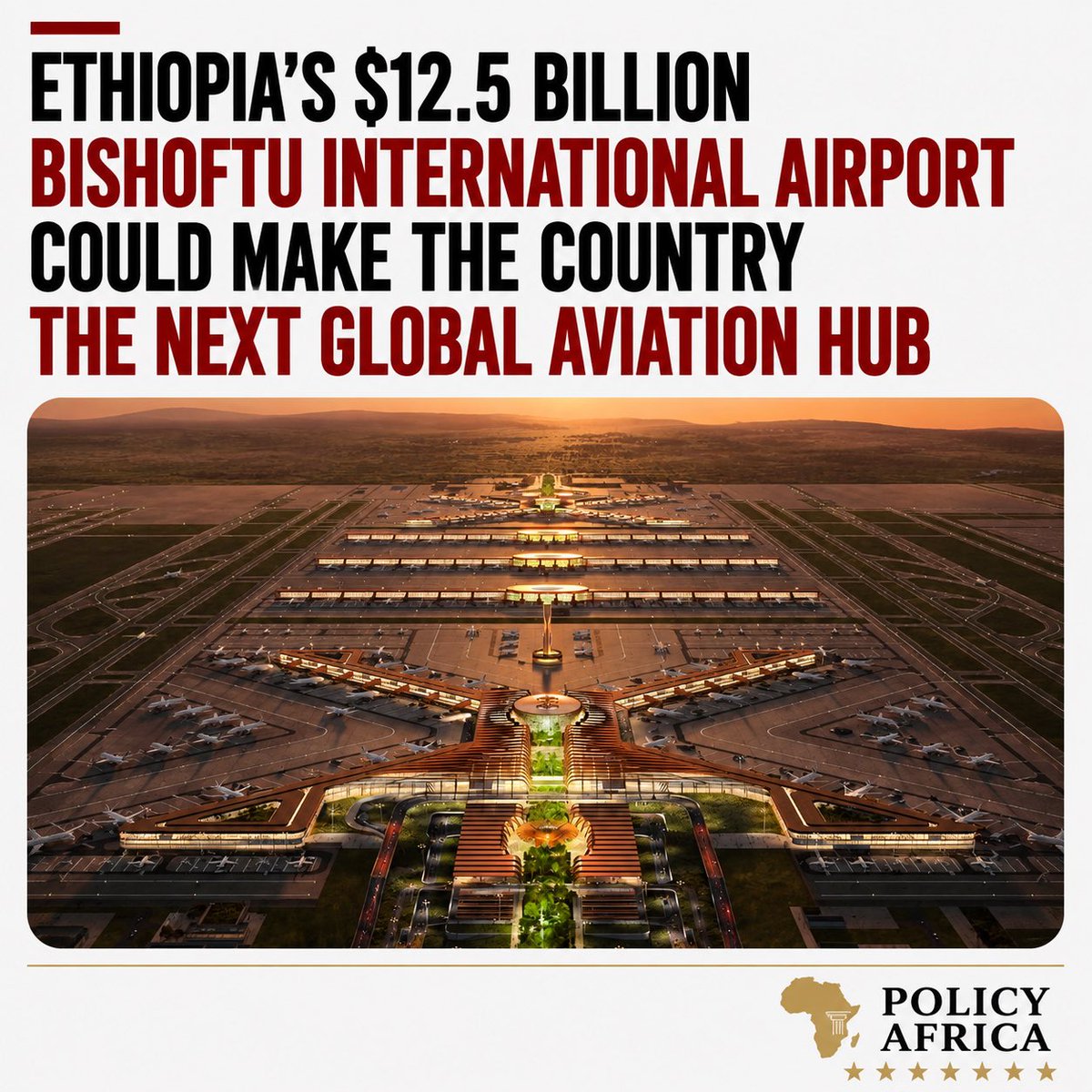 PolicyAfrika's tweet photo. Ethiopia has begun constructing Bishoftu International Airport, approximately 45km. Scheduled to open in phases from 2030, the four-runway airport will initially accommodate 60 million passengers annually and eventually expand to 110 million, making it Africa’s largest airport. https://t.co/LPyXchBfUm