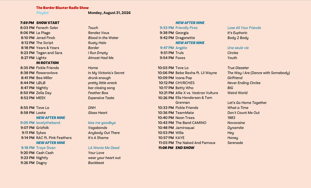 benzjfm's tweet photo. Here's this week's Border Blaster Radio Show playlist, including new music from lovelytheband, Friendly Fires, and more, plus great tracks from the almost-mainstream! Tune in again Monday at 8pm on WBNY and on the RadioFX app — and don't miss the dance music Wednesday on DEX! https://t.co/r9SBa6Gjgf
