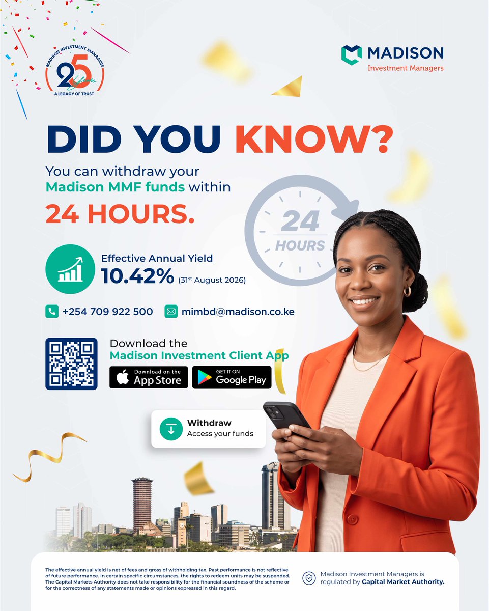 MadisonGroupKe's tweet photo. One of the benefits of the #MadisonMMF is flexibility.
Withdrawals are processed within T+1 working day, giving you access to your money while it continues working towards your financial goals.
Invest today: https://t.co/OEMe3Jdg5E
#InvestKE #MoneyMarketFund #ALegacyofTrust https://t.co/xSaxWsSQlA