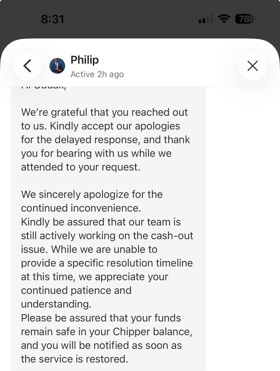 RayBekky's tweet photo. @chippercashapp @synache_ This is all we keep getting. How long will this continue? Just tell us if we’ve been scammed. How can a bank hold people’s hard-earned money for more than a month without any tangible reason? @chippercashapp https://t.co/WmSBRr0rK4