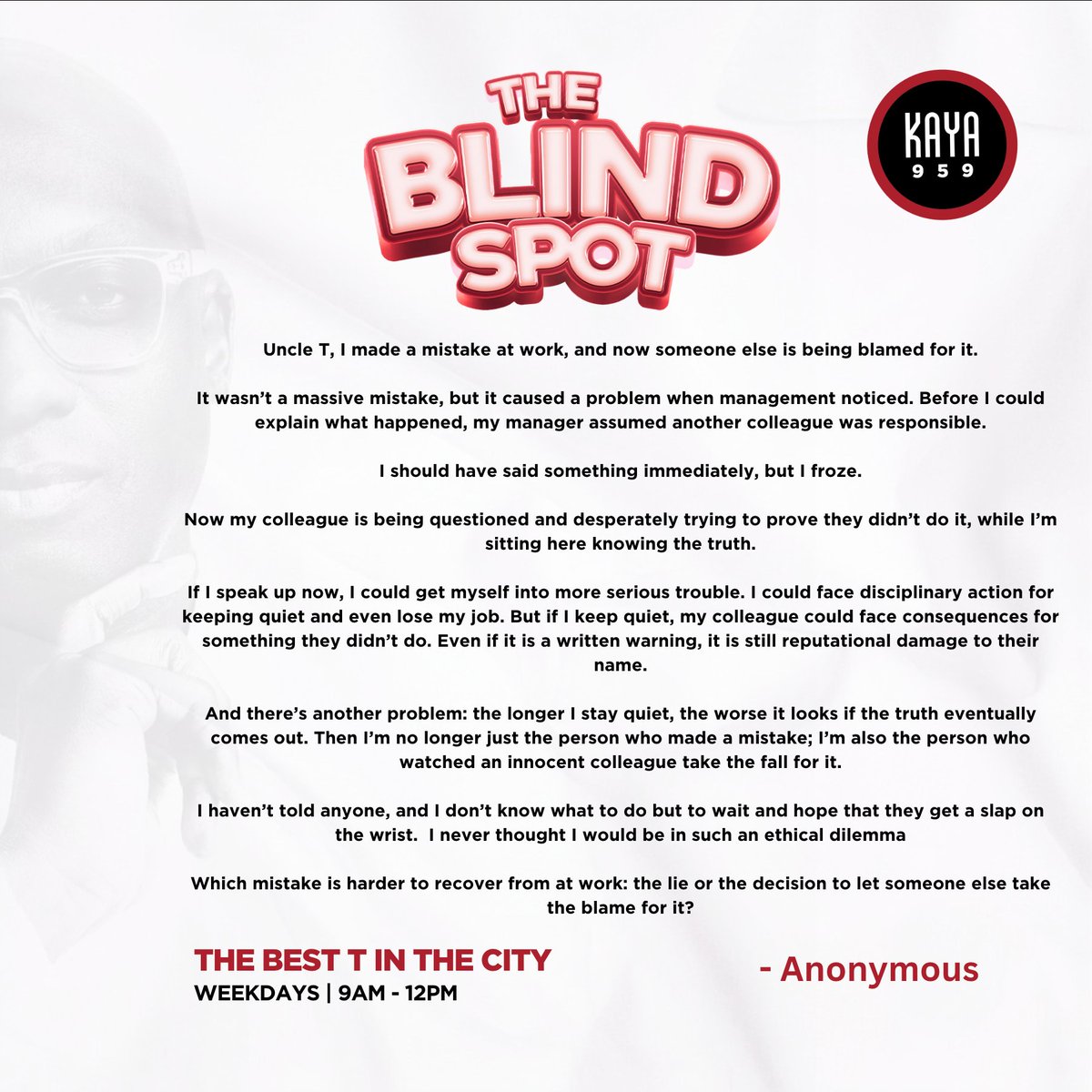 tboseZA's tweet photo. #TheBlindSpot... on @KayaON959 

Comment via VN on WhatsApp 063 688 0959 https://t.co/EKCAsI2eIW